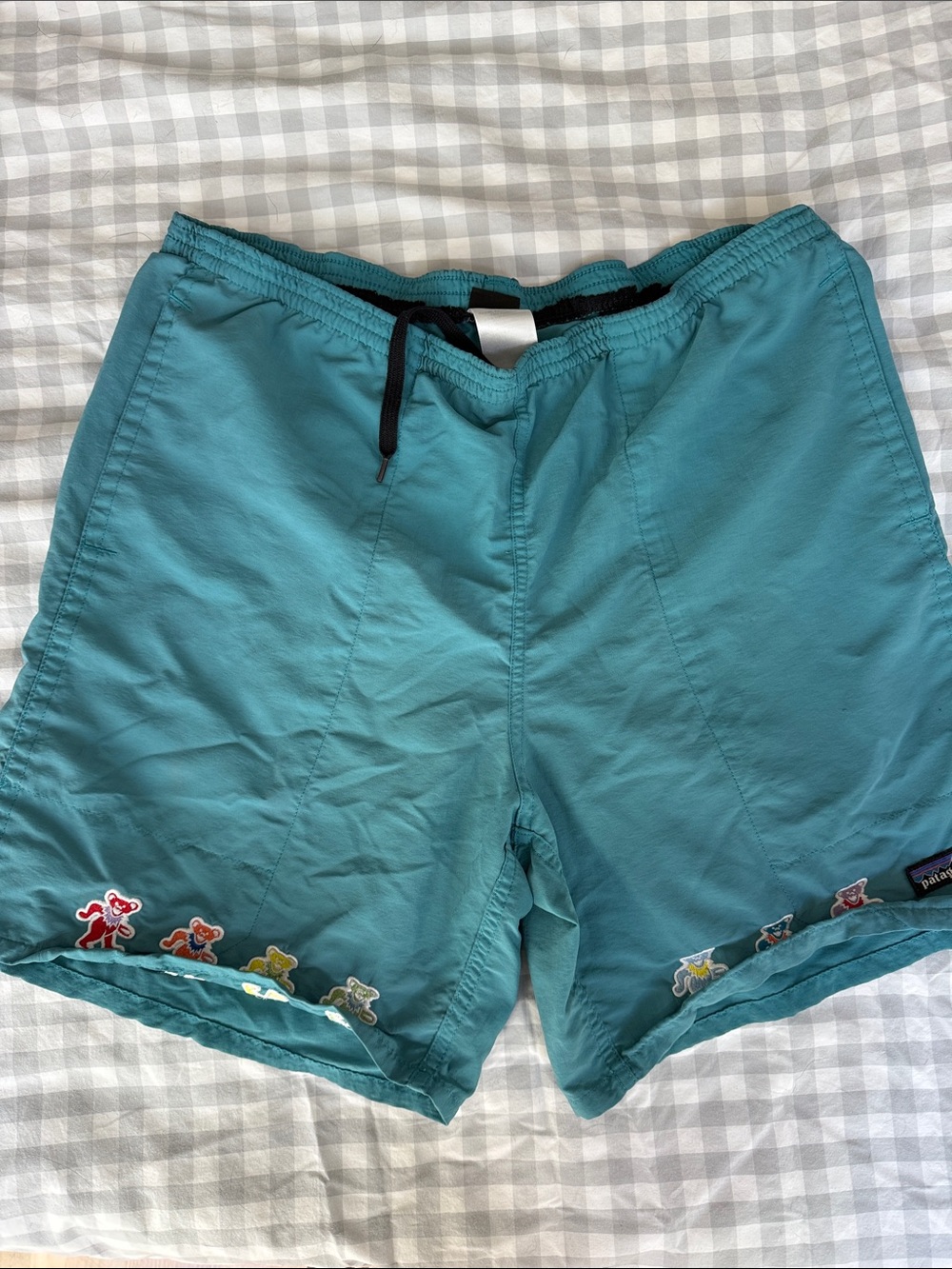 Patagonia Teal Athletic Shorts with Multicolor Grateful Dead Bear Accents